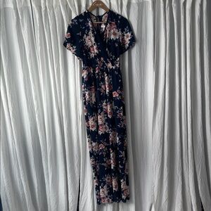 Xhilaration Navy Floral Wrap Jumpsuit with Pink & Cream Blooms